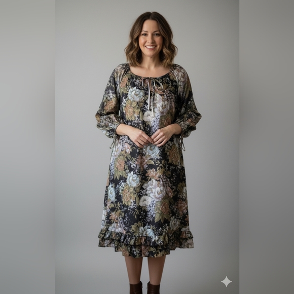 Women's Colorful Long Sleeve Floral Ruffle Midi Dress Size Medium - Picture 1 of 12